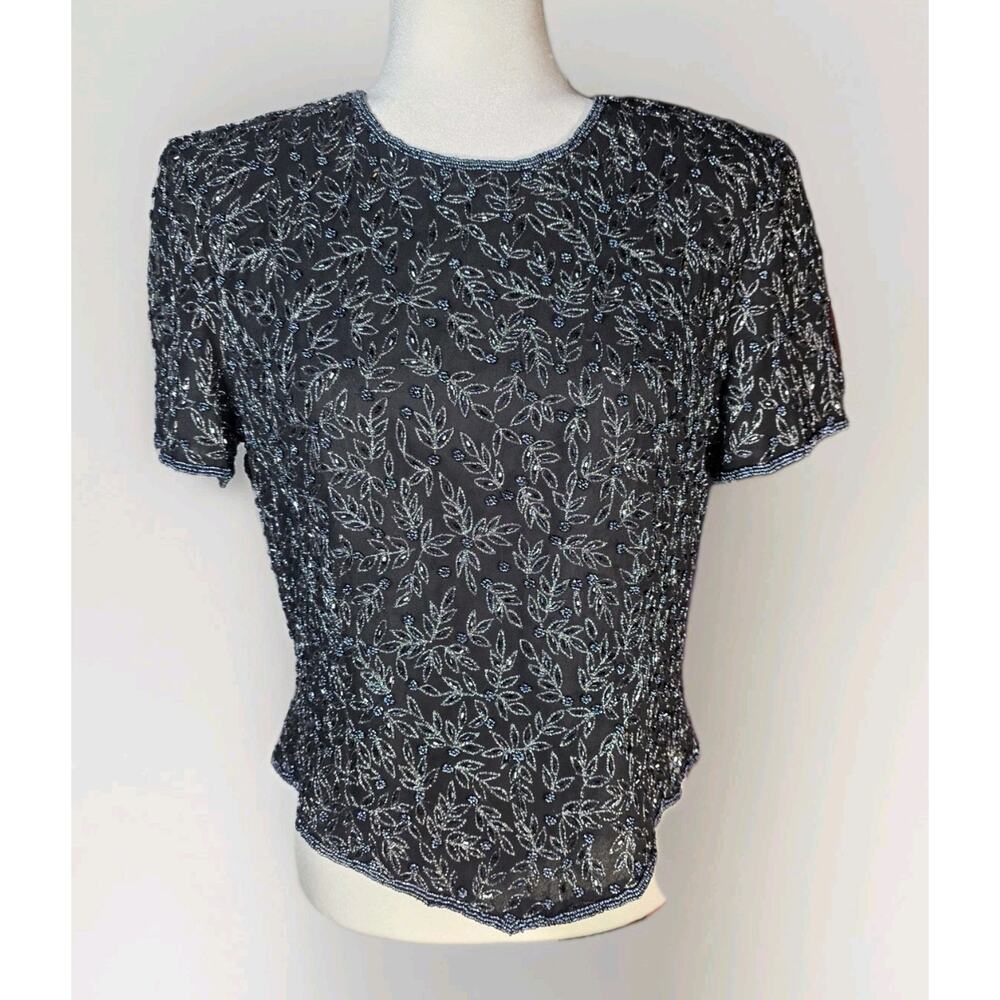 Vintage Papell Boutique‎ Evening Women's Black Silk Beaded Formal Top - Size: L
